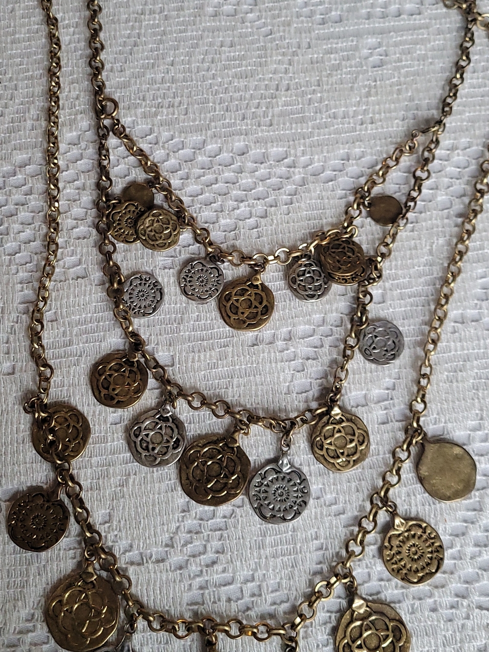 CAbi Layered Tile Coin 3 Layer Charm Necklace in Antique Gold and Silver Tones